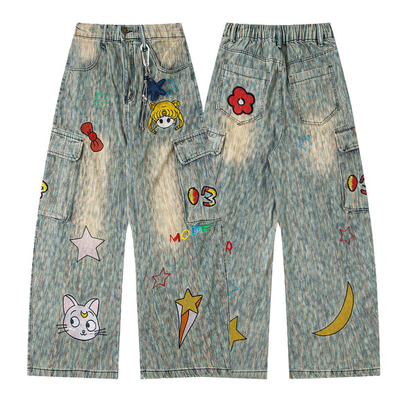 Retro Washed Star Pendant Cartoon Embroidery Loose Casual Trendy Straight Jeans for Men and Women