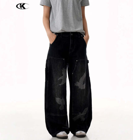 Pigeon Print Wide Leg Jeans – Loose Fit worn by a person with a grey t-shirt showcasing bold pigeon pattern design.