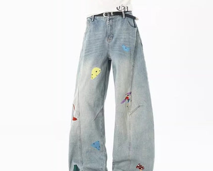 Jeans de Parchwork Divertidos de Streetwear para Hombre, Pantalones de Cuchillo Deconstruidos y Bordados, Ajuste Limpio, Jeans Rectos Lavados