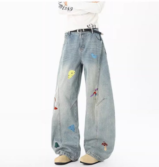 Jeans en patchwork amusants de streetwear pour hommes, tendance, déstructurés, brodés, pantalons à coupe propre, jeans droits lavés