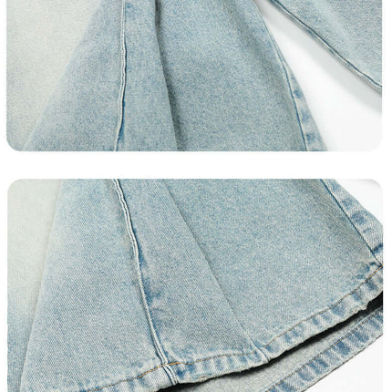 Washed Blue Denim Shorts – Loose Fit showing water-washed blue finish and A-line cut for a vintage-inspired look.