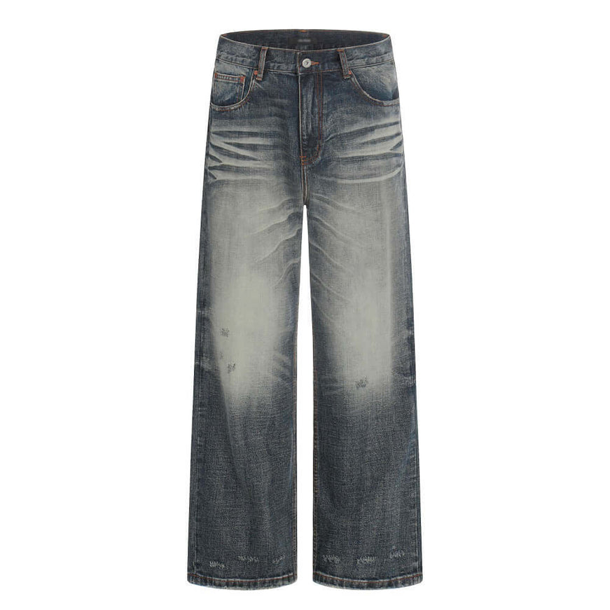 Model wearing Gray Blue polish white washed denim pants by Grozavu