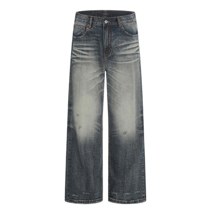 Model wearing Gray Blue polish white washed denim pants by Grozavu