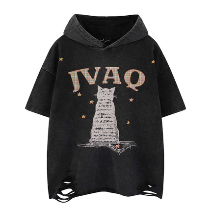 Black unique lonely cat hooded top with Grozavu logo