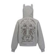 Vintage hoodie | Cross letter print hoodie | Distressed zip-up sweatshirt | Unisex streetwear jacket | Loose fit hoodie black | Casual streetwear hoodie gray