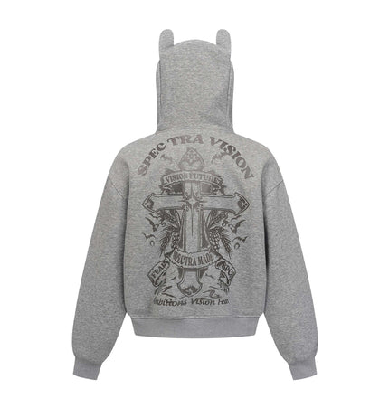 Vintage hoodie | Cross letter print hoodie | Distressed zip-up sweatshirt | Unisex streetwear jacket | Loose fit hoodie black | Casual streetwear hoodie gray