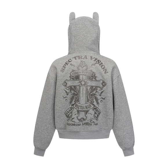 Vintage hoodie | Cross letter print hoodie | Distressed zip-up sweatshirt | Unisex streetwear jacket | Loose fit hoodie black | Casual streetwear hoodie gray