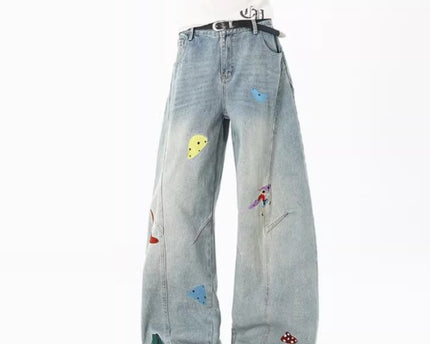 Jeans en patchwork amusants pour hommes de la rue principale, tendance automne, déstructurés, brodés, pantalons à taille haute, lavés, coupe droite