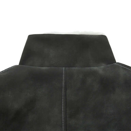 Street Style Cotton Jacket – Loose Fit black PU leather collar detail back view