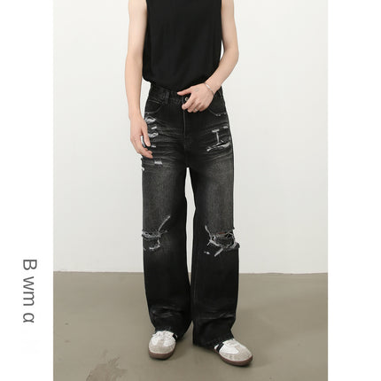 Nirben American Retro High Street Washed Distressed Denim Trousers Men's Loose Straight Wide Leg Long Pants