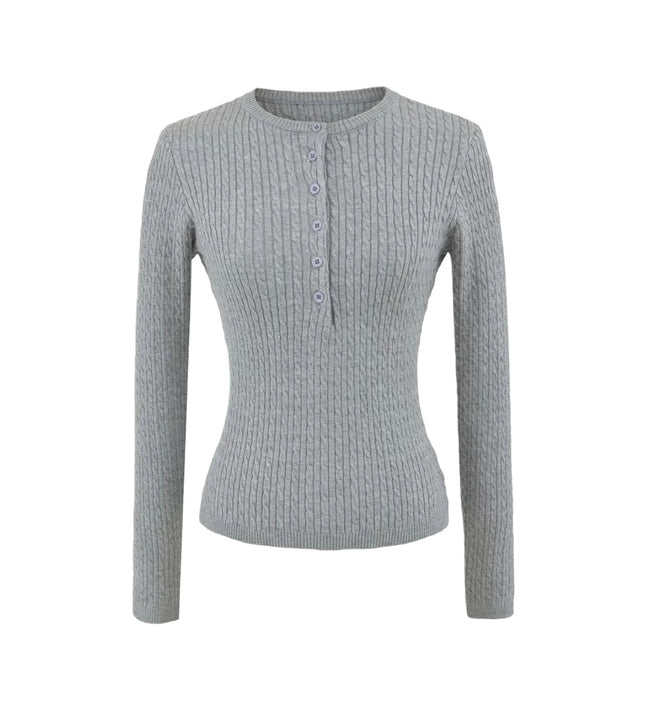 Simple Round Neck Half-Button Knit Sweater for Women, Basic Fitted Outerwear Solid Color Base Top