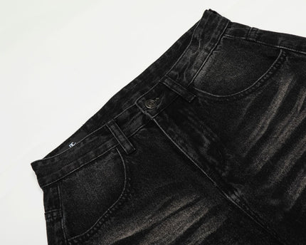 Style Washed Black Vintage Cat-Whisker Pattern Design Loose Knife Cut Jeans