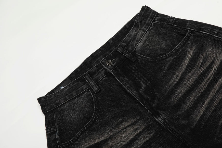 Style Washed Black Vintage Cat-Whisker Pattern Design Loose Knife Cut Jeans