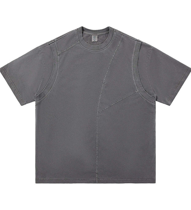 Washed Retro Patchwork Cotton T-Shirt – Loose Fit in gray with deconstructed design and relaxed fit.