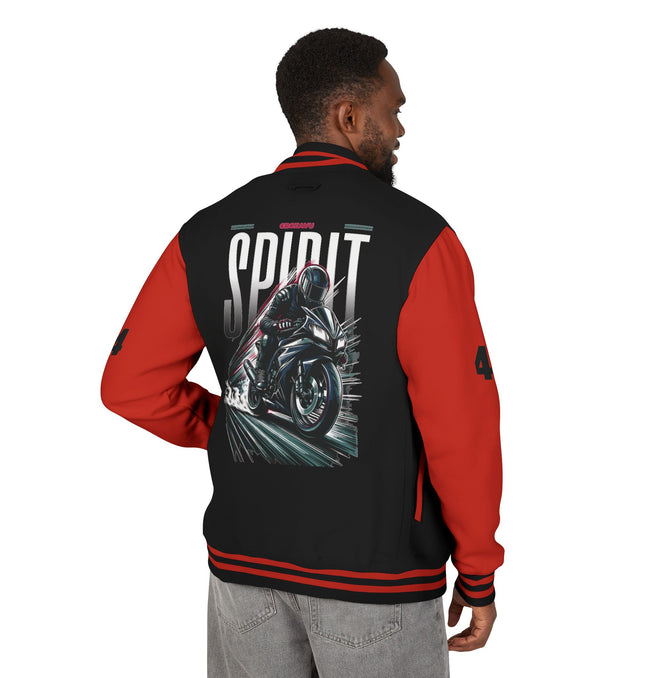 Unisex Heavyweight Letterman Jacket with Retro Motorcycle Design – Perfect for Spirit Events & Everyday Style