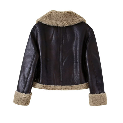 Double-sided short jacket, long-sleeved fur, loose lazy warm top for women