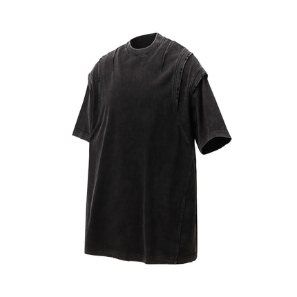 Washed Spliced Distressed T-Shirt – Loose Fit in black with relaxed fit and unique spliced design for summer wear.