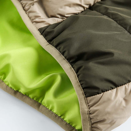 Hooded Color-Block Down Jacket fabric showing khaki and lime green color-block design, highlighting lightweight insulation.