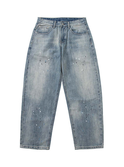 Close-up of Blue batch splatter print straight jeans fabric