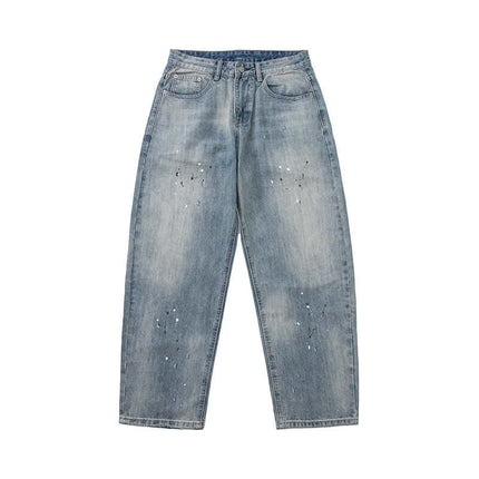 Close-up of Blue batch splatter print straight jeans fabric