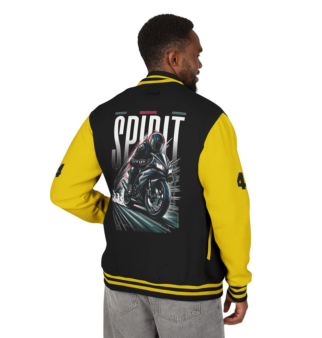 Unisex Heavyweight Letterman Jacket with Retro Motorcycle Design – Perfect for Spirit Events & Everyday Style