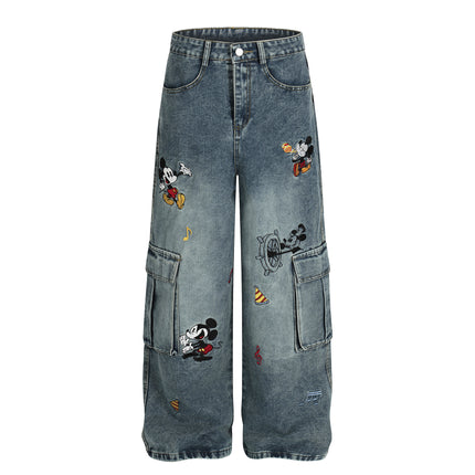 Embroidered Mid-Waist Denim Pants for Women with Multiple Pockets