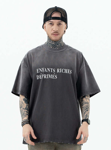 Gray faded drop shoulder tee with Grozavu logo