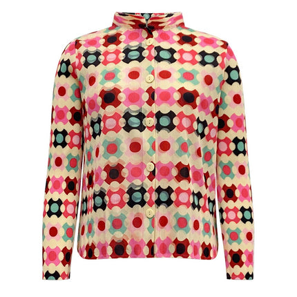 Colorful geometric patterned cardigan with button-up front and long sleeves.