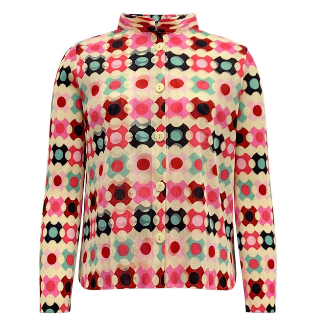 Colorful geometric patterned cardigan with button-up front and long sleeves.