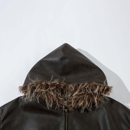 Wool Collar PU Pilot Jacket – Loose Fit hood detail showcasing cozy wool-style collar and premium leather.