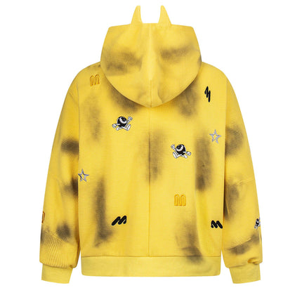 Sudadera con capucha con cremallera bordada de letras desgastadas – Corte holgado