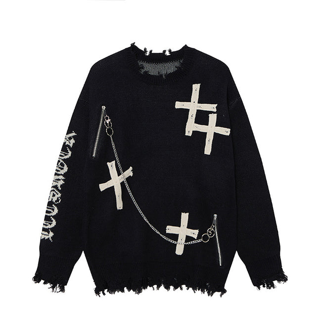 Cross Jacquard Knit Sweater – Loose Fit