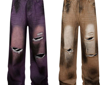 Washed Tie-Dye Distressed Denim Pants Loose Wide-Leg Straight Long Pants