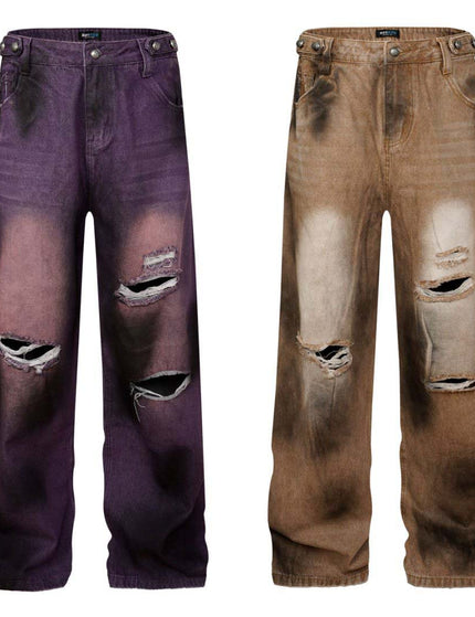 Washed Tie-Dye Distressed Denim Pants Unisex Loose Wide-Leg Straight Long Pants