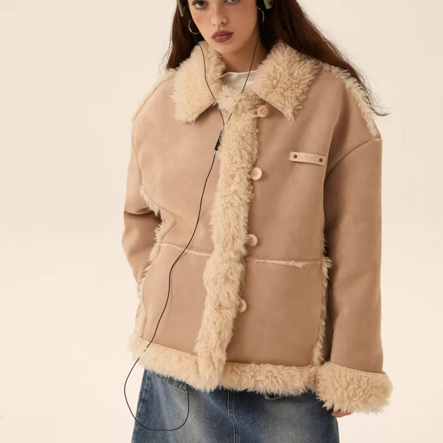 Fashion Women Lamb Wool Coat Fur Intergrated Single Breasted Thickening And Blushing Parkas Jackets Winter