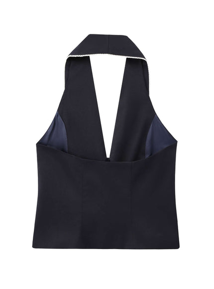 Back view of black sleeveless bow decoration patchwork neck by Grozavu