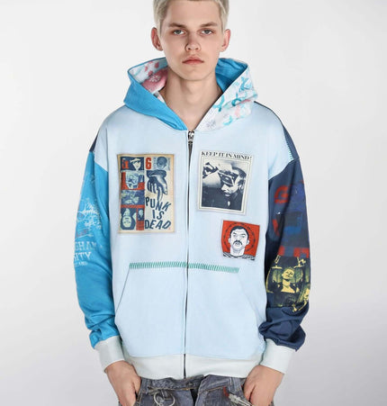 Magazine Printed Zip-Up Hoodie – Loose Fit featuring a male model showcasing a bold magazine-inspired print design.