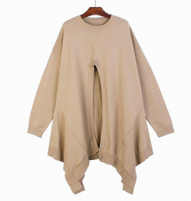 Grozavu's Irregular Split Sweater: Solid Color, Pleated Pullover at €86.99