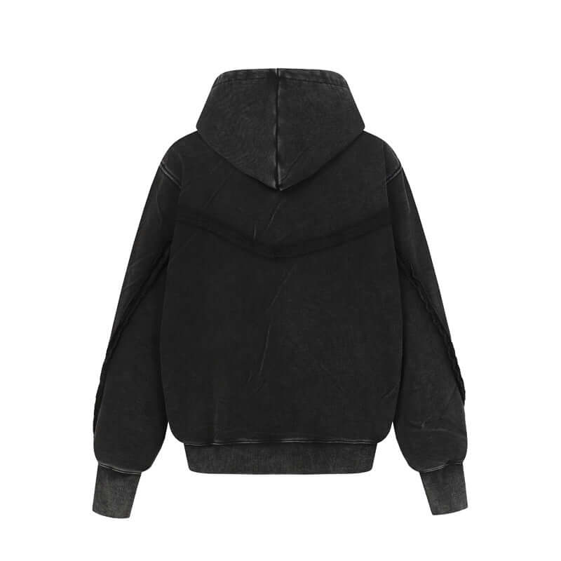 Black urban hooded sweatshirt jacket deconstructed with Grozavu logo
