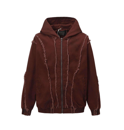 Spray Paint Spliced Jacket – Casual Fit featuring a stylish brown design with frayed edges and a hood.