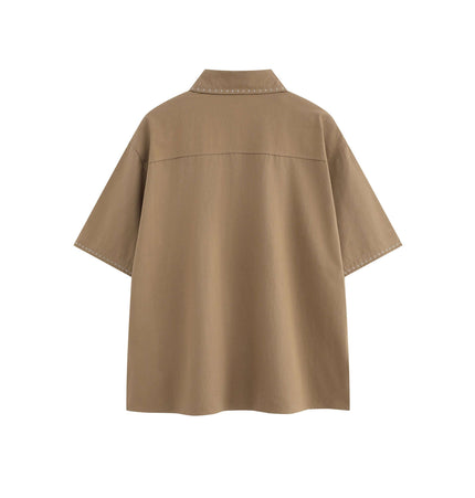 Minimal Casual Loose Short Sleeve Shirt in a stylish light brown color, showcasing a loose fit and flip collar design.