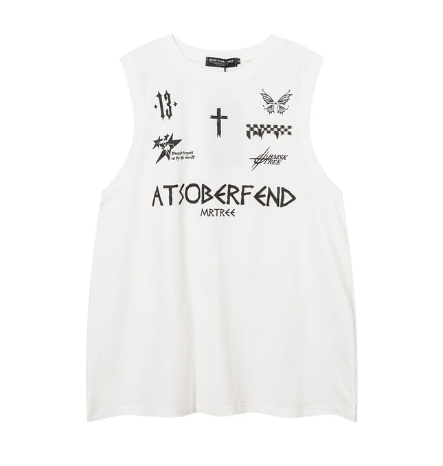 Hip Hop Letter Cross Print Sleeveless Tank Top – INS Sports Loose Summer Vest for Men