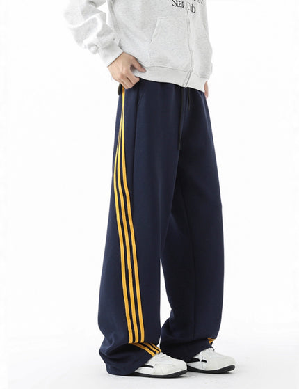 Heavyweight Track Pants for Men with Three-Stripe Pattern, Loose Straight Leg, Autumn Casual Sweatpants, Flowy Wide Leg Design