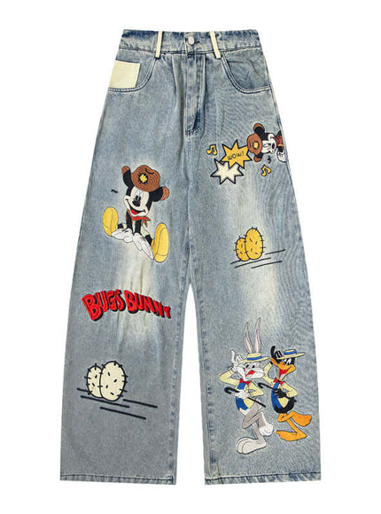 Model wearing Blue cartoon embroidered washed denim by Grozavu