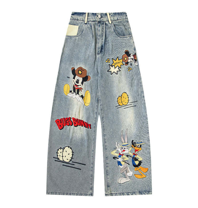 Style Casual Cartoon Embroidered Washed Denim Pants for Men, Loose Fit, College Style, Wide Leg, Couple Pants