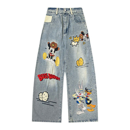 Model wearing Blue cartoon embroidered washed denim by Grozavu