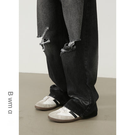 Nirben American Retro High Street Washed Distressed Denim Trousers Men's Loose Straight Wide Leg Long Pants