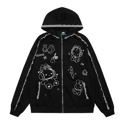 Front view of Lace Spliced Relaxed Hoodie - Grozavu brand streetwear