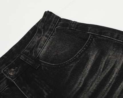 Style Washed Black Vintage Cat-Whisker Pattern Design Loose Knife Cut Jeans