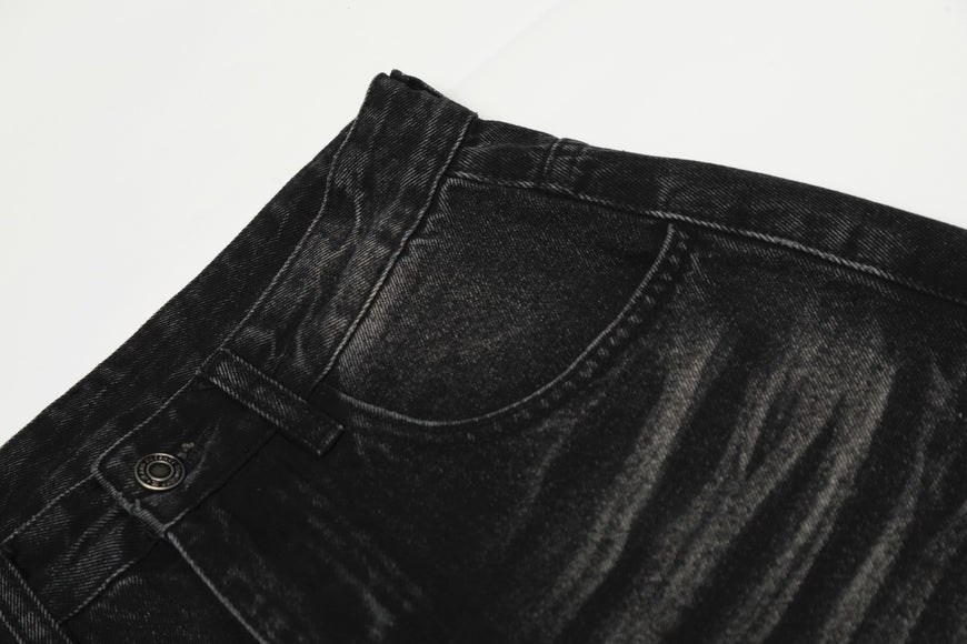 Style Washed Black Vintage Cat-Whisker Pattern Design Loose Knife Cut Jeans